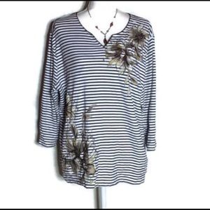 Black&White Floral Striped Blouse NWOT SZXL